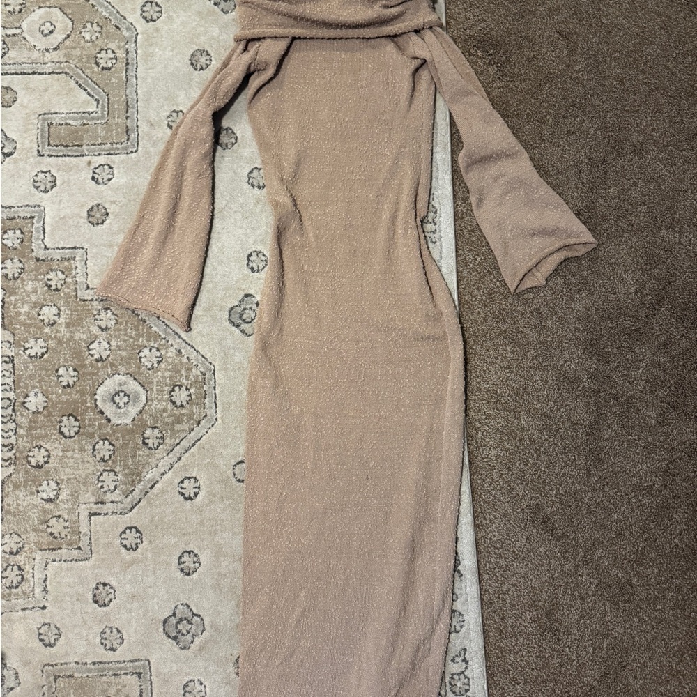 Off-the-shoulder Tan Long Sleeve Dress